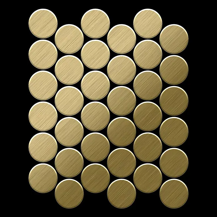 ALLOY Mosaikfliese Mosaik Fliese massiv Titan gebürstet gold 1,6mm stark Medallion-Ti-GB - 313 x 256 mm, Gold, Sonstiges - Goldene kreisförmige Mosaikfliesen mit gebürsteter Metallstruktur.