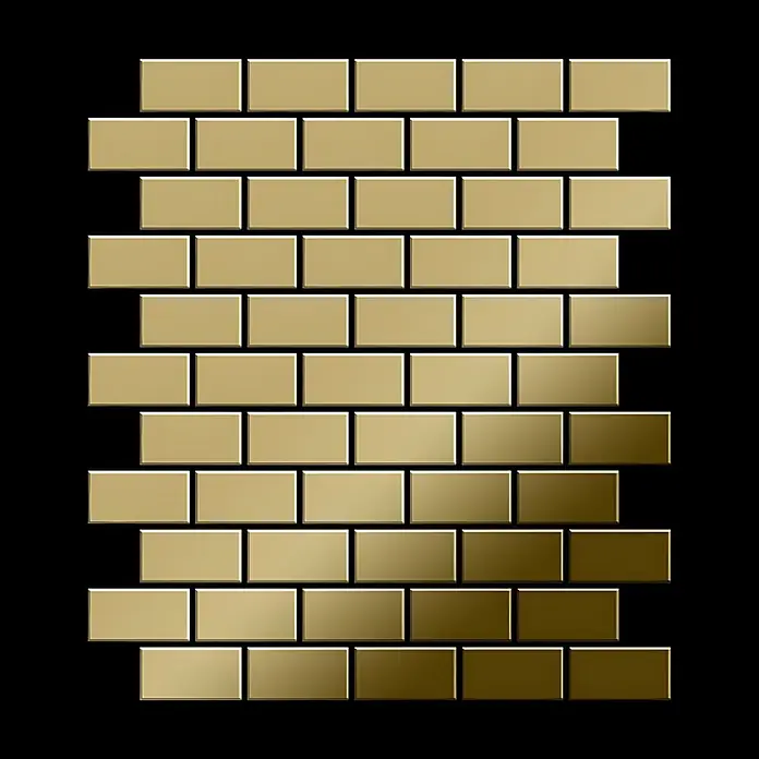 ALLOY Mosaikfliese Mosaik Fliese massiv Titan hochglänzend gold 1,6mm stark House-Ti-GM - 318 x 307 mm, Gold, Hochglänzend - Goldene, rechteckige Metallfliesen in einem versetzten, ziegelartigen Mosaikmuster.