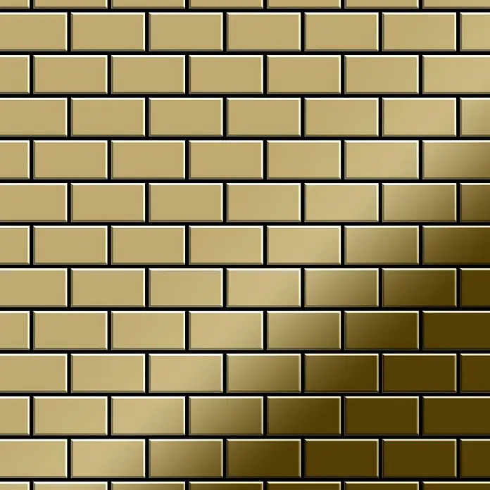 ALLOY Mosaikfliese Mosaik Fliese massiv Titan hochglänzend gold 1,6mm stark House-Ti-GM - 318 x 307 mm, Gold, Hochglänzend - Glänzende, goldbraune Metall-U-Bahn-Fliesen in versetztem Muster, von hellgold zu dunkelbraun verlaufend.