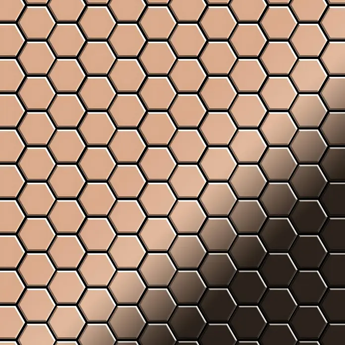 ALLOY Mosaikfliese Mosaik Fliese massiv Metall Kupfer gewalzt kupfer 1,6mm stark Honey-CM - 329 x 332 mm, Bronze, Sonstiges - Hexagonales Muster mit Metallglanz, das von Hellbeige zu Dunkelbronze übergeht.