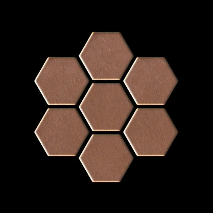 ALLOY Mosaikfliese Mosaik Fliese massiv Metall Kupfer gewalzt kupfer 1,6mm stark Honey-CM - 329 x 332 mm, Bronze, Sonstiges - Sieben kupferfarbene sechseckige Fliesen in einem Wabenmuster.