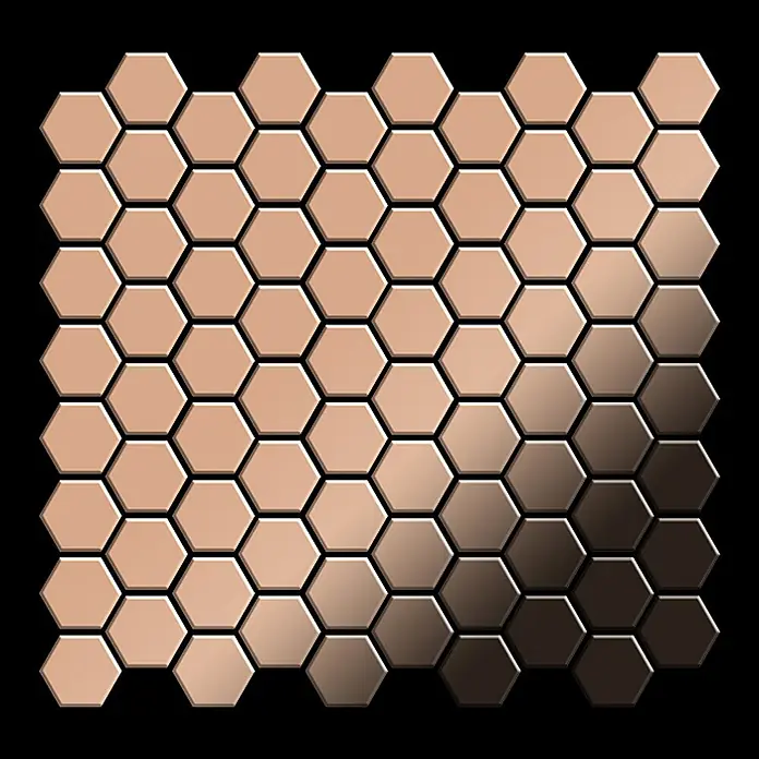 ALLOY Mosaikfliese Mosaik Fliese massiv Metall Kupfer gewalzt kupfer 1,6mm stark Honey-CM - 329 x 332 mm, Bronze, Sonstiges - Metallische sechseckige Fliesen mit Farbverlauf von hellem Beige zu dunkler Bronze, als Mosaik angeordnet.