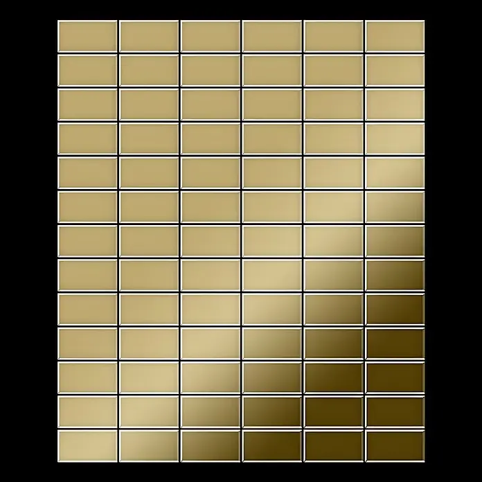 ALLOY Mosaikfliese Mosaik Fliese massiv Titan hochglänzend gold 1,6mm stark Bauhaus-Ti-GM - 318 x 329 mm, Gold, Hochglänzend - Gitter aus rechteckigen Fliesen mit einem Farbverlauf von hellem Gold zu dunkler Bronze.
