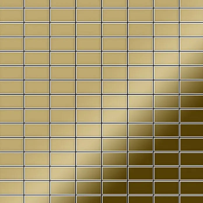 ALLOY Mosaikfliese Mosaik Fliese massiv Titan hochglänzend gold 1,6mm stark Bauhaus-Ti-GM - 318 x 329 mm, Gold, Hochglänzend - Goldbraune quadratische Fliesen mit diagonalem Hell-Dunkel-Verlauf, die ein metallisches Mosaikmuster bilden.