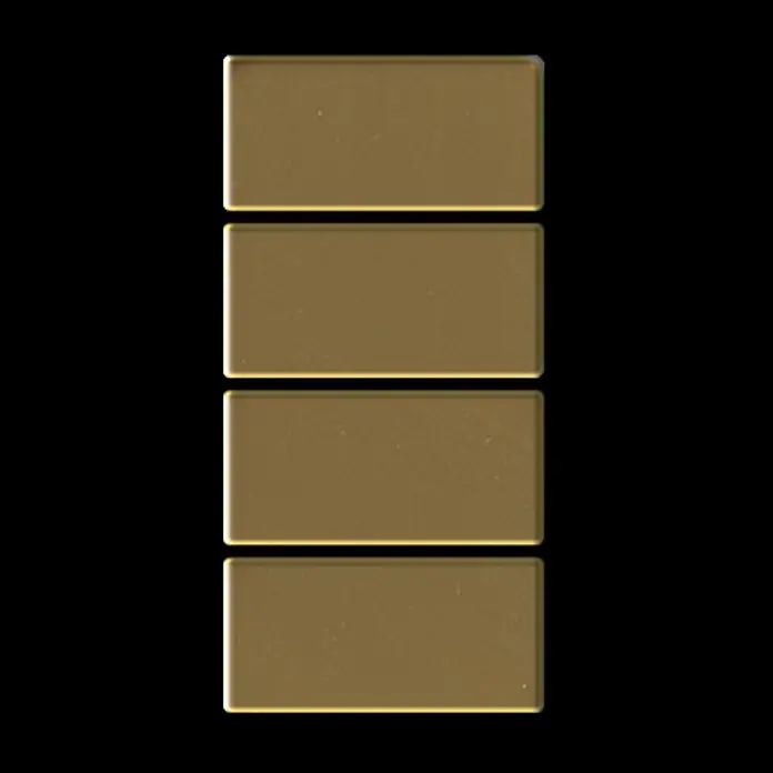 ALLOY Mosaikfliese Mosaik Fliese massiv Titan hochglänzend gold 1,6mm stark Bauhaus-Ti-GM - 318 x 329 mm, Gold, Hochglänzend - Vier vertikal gestapelte, rechteckige messingfarbene Platten.