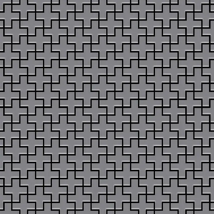 ALLOY Mosaikfliese Mosaik Fliese massiv Edelstahl matt grau 1,6mm stark Swiss Cross-S-S-MA - 322 x 322 mm, Grau, Silber, Matt - Graues nahtloses Muster aus ineinandergreifenden Kreuzen mit leichtem 3D-Prägeeffekt und schwarzen Umrandungen.