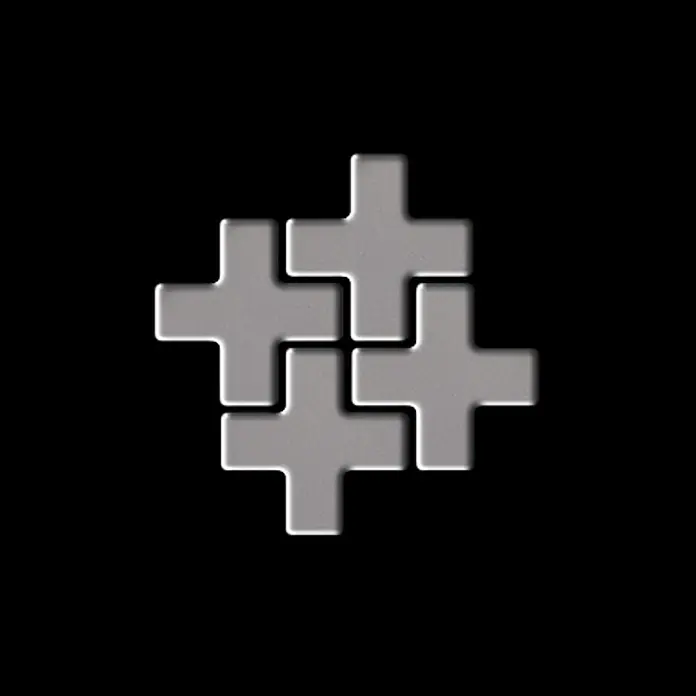 ALLOY Mosaikfliese Mosaik Fliese massiv Edelstahl matt grau 1,6mm stark Swiss Cross-S-S-MA - 322 x 322 mm, Grau, Silber, Matt - Vier ineinandergreifende graue Pluszeichen mit erhabener Textur, die ein quadratisches Muster bilden.
