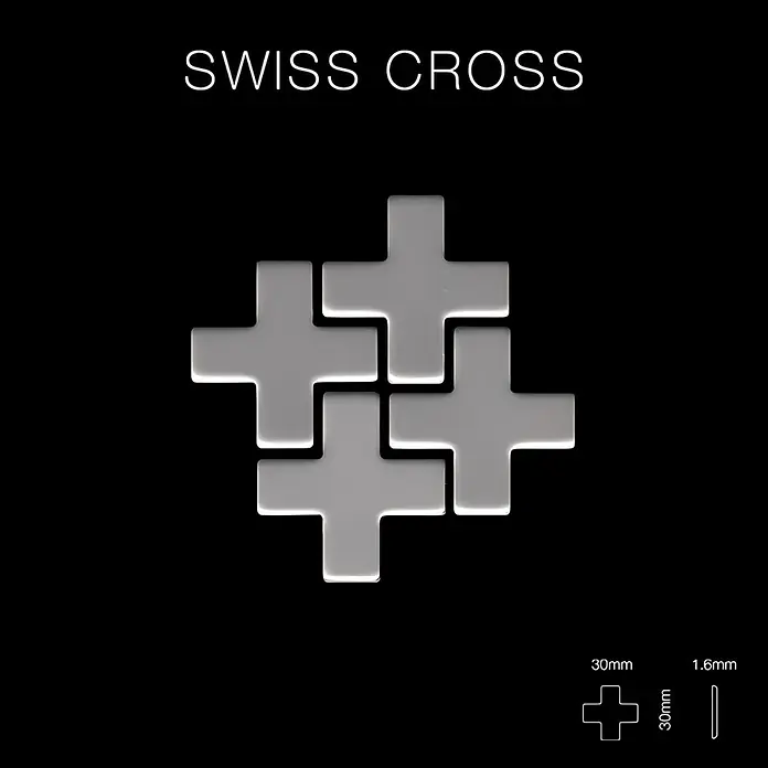 ALLOY Mosaikfliese Mosaik Fliese massiv Edelstahl matt grau 1,6mm stark Swiss Cross-S-S-MA - 322 x 322 mm, Grau, Silber, Matt - Vier hellgraue Schweizer Kreuzfliesen, 30x30x1.6mm, in einem Muster angeordnet.