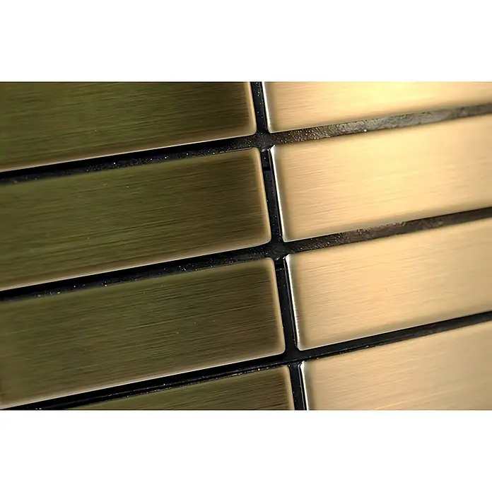 ALLOY Mosaikfliese Mosaik Fliese massiv Metall Titan gebürstet gold 1,6mm stark Cabin-Ti-GB - 316 x 329 mm, Gold, Sonstiges - Zweifarbige, gebürstete Metallfliesen in Bronze und Gold, mit dunklen Fugen.