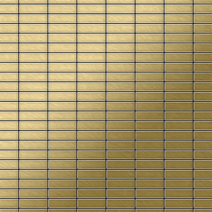 ALLOY Mosaikfliese Mosaik Fliese massiv Metall Titan gebürstet gold 1,6mm stark Cabin-Ti-GB - 316 x 329 mm, Gold, Sonstiges - Goldene, gebürstete Metall-Rechteckfliesen in einem Raster, bilden eine texturierte Wandoberfläche.