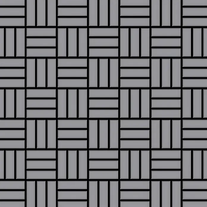 ALLOY Mosaikfliese Mosaik Fliese massiv Edelstahl matt grau 1,6mm stark Basketweave-S-S-MA - 288 x 288 mm, Grau, Silber, Matt - Graue rechteckige Fliesen mit dezentem 3D-Effekt, in einem Flechtmuster mit schwarzen Fugen.