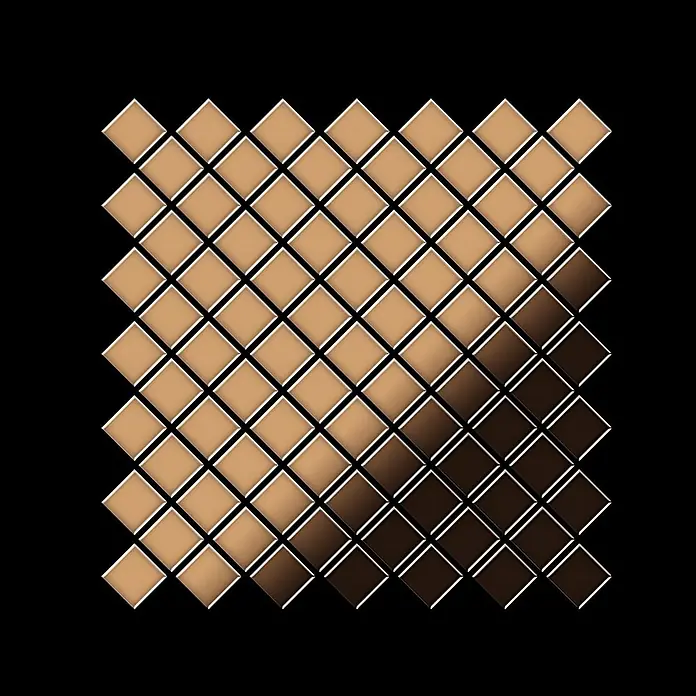 ALLOY Mosaikfliese Mosaik Fliese massiv Metall Titan hochglanz kupfer 1,6mm Diamond-Ti-AM - 319 x 319 mm, Bronze, Hochglänzend - Gitter aus quadratischen, metallisch anmutenden Fliesen in einem braunen Verlauf, von Hellbeige zu Dunkelbraun, auf schwarzem Hintergrund.