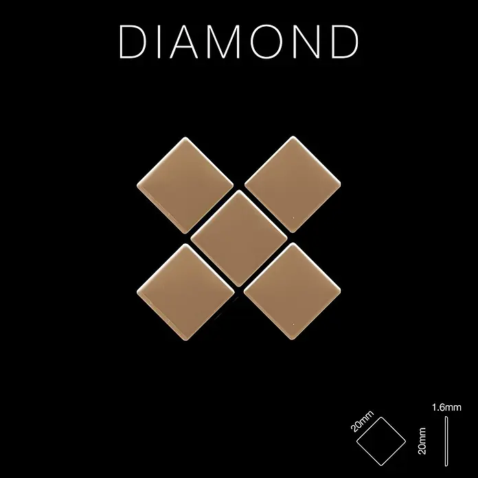 ALLOY Mosaikfliese Mosaik Fliese massiv Metall Titan hochglanz kupfer 1,6mm Diamond-Ti-AM - 319 x 319 mm, Bronze, Hochglänzend - Sechs beige quadratische Fliesen, 20x20x1,6mm, in Kreuzform mit Maßangaben.