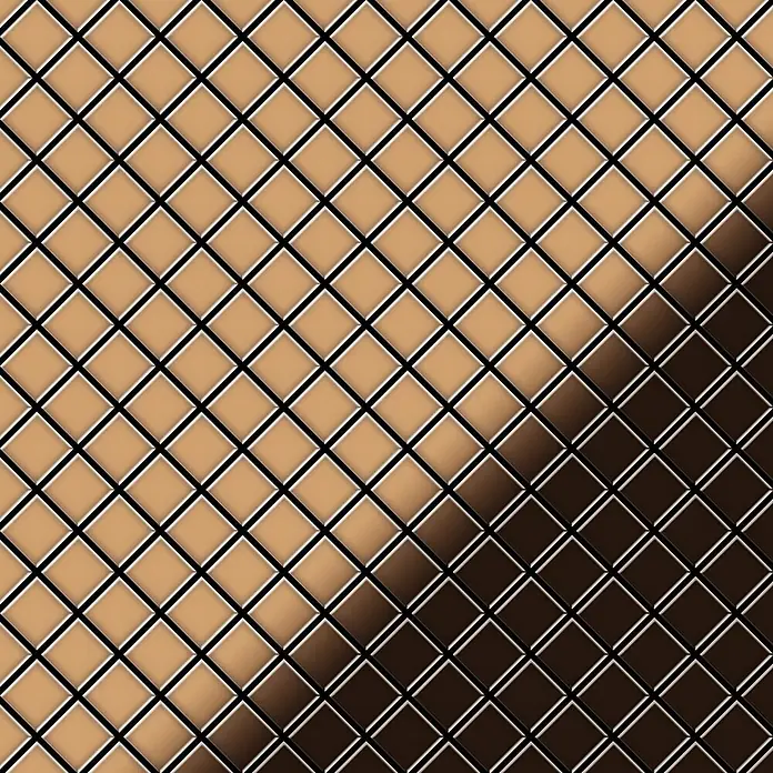 ALLOY Mosaikfliese Mosaik Fliese massiv Metall Titan hochglanz kupfer 1,6mm Diamond-Ti-AM - 319 x 319 mm, Bronze, Hochglänzend - Glänzendes braunes Rautenmuster mit hellem bis dunklem Farbverlauf. Schwarze Gitterlinien.