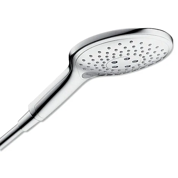 Hansgrohe Teleducha Select S150 - Número de funciones: 3 ud., Diámetro: 15 cm, Tecla de selección, Cromo - Primer plano de un cabezal de ducha de mano cromado con múltiples patrones de rociado para una experiencia de ducha lujosa.