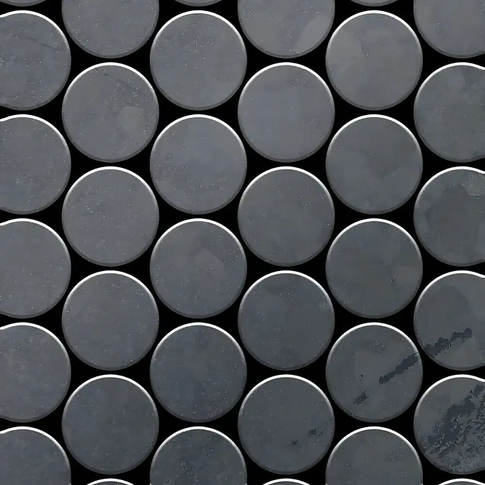 ALLOY Mosaikfliese Mosaik Fliese massiv Metall Rohstahl gewalzt grau 1,6mm stark Medallion-RS - 313 x 256 mm, Grau, Sonstiges - Dunkelgraue runde Mosaikfliesen bilden ein gleichmäßiges Muster.