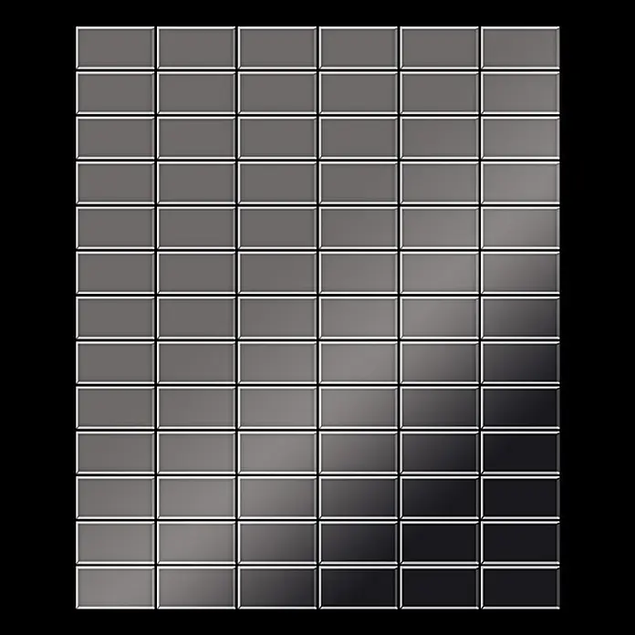 ALLOY Mosaikfliese Mosaik Fliese massiv Metall Titan hochglanz dunkelgrau 1,6mm Bauhaus-Ti-SM - 318 x 329 mm, Schwarz, Grau, Hochglänzend - Gitter aus grauen rechteckigen Fliesen mit subtilem Hell-Dunkel-Verlauf.