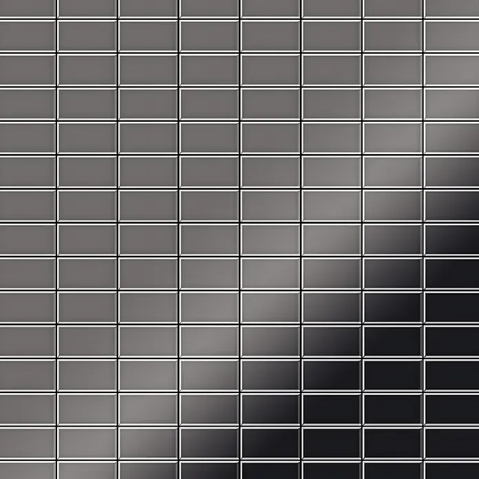 ALLOY Mosaikfliese Mosaik Fliese massiv Metall Titan hochglanz dunkelgrau 1,6mm Bauhaus-Ti-SM - 318 x 329 mm, Schwarz, Grau, Hochglänzend - Glänzende rechteckige graue Fliesen mit dunklem Farbverlauf.