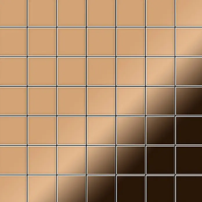 ALLOY Mosaikfliese Mosaik Fliese massiv Titan hochglänzend kupfer 1,6mm stark Attica-Ti-AM - 295 x 295 mm, Bronze, Hochglänzend - Gitter aus glänzenden quadratischen Fliesen mit einem diagonalen Beige-Dunkelbraun-Verlauf.