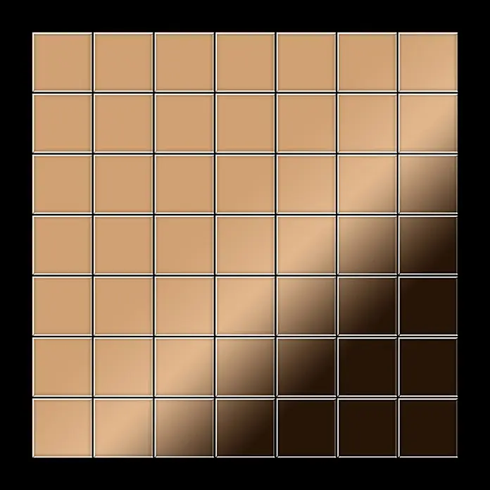 ALLOY Mosaikfliese Mosaik Fliese massiv Titan hochglänzend kupfer 1,6mm stark Attica-Ti-AM - 295 x 295 mm, Bronze, Hochglänzend - Quadratisches Gitter mit metallischem Farbverlauf von hellem Bronze zu Dunkelbraun.