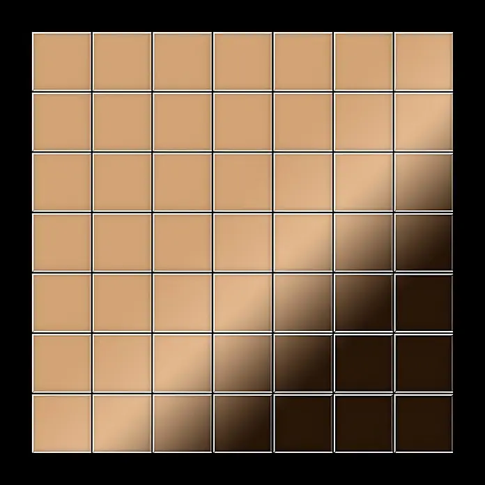 ALLOY Mosaikfliese Mosaik Fliese massiv Titan hochglänzend kupfer 1,6mm stark Attica-Ti-AM - 295 x 295 mm, Bronze, Hochglänzend - 8x8-Gitter quadratischer Fliesen mit diagonalem Farbverlauf von hellem Beige zu Dunkelbraun.