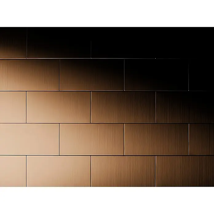 ALLOY Mosaikfliese Mosaik Fliese massiv Titan gebürstet kupfer 1,6mm stark Subway-Ti-AB - 76 x 152 mm, Bronze, Sonstiges - Gebürstete Metallfliesen in warmen Bronze-Kupfer-Tönen, in Ziegelmuster angeordnet, mit starkem Hell-Dunkel-Verlauf.