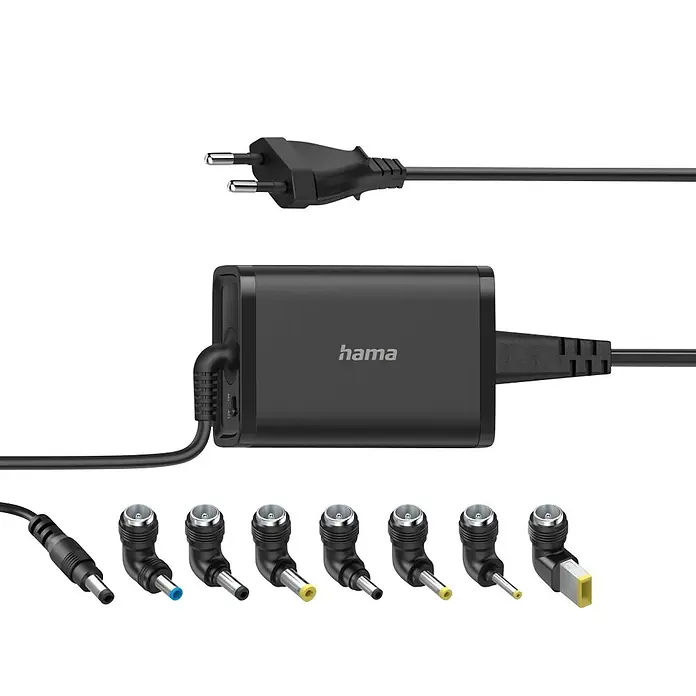 Hama Ladegerät 00200002 15-19V/65W - Schwarz, L x B x H: 3,1 x 5,5 x 1,2 cm - Schwarzes Hama Universal-Laptop-Netzteil mit Netzkabel und mehreren austauschbaren DC-Spitzen für vielseitige Kompatibilität.