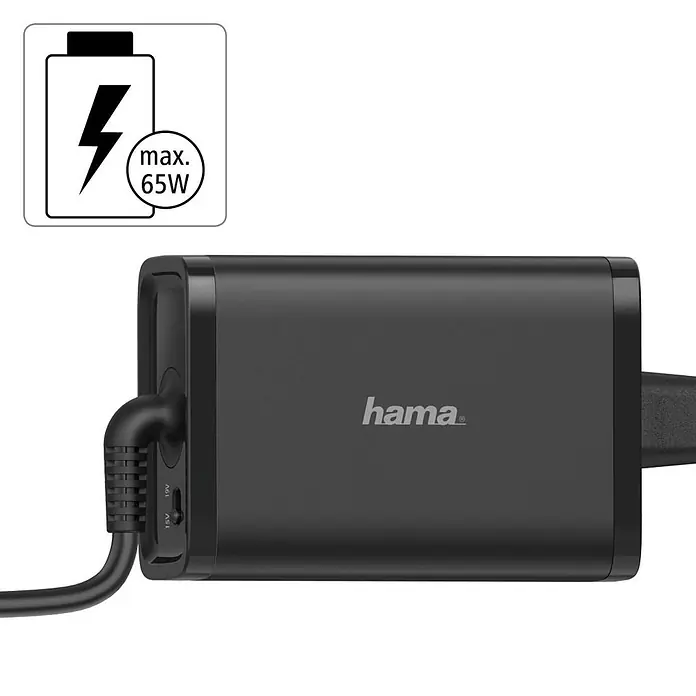 Hama Ladegerät 00200002 15-19V/65W - Schwarz, L x B x H: 3,1 x 5,5 x 1,2 cm - Dunkelgraues Hama 65W Netzteil mit einstellbarer 15V/19V Ausgangsspannung und Kabel.