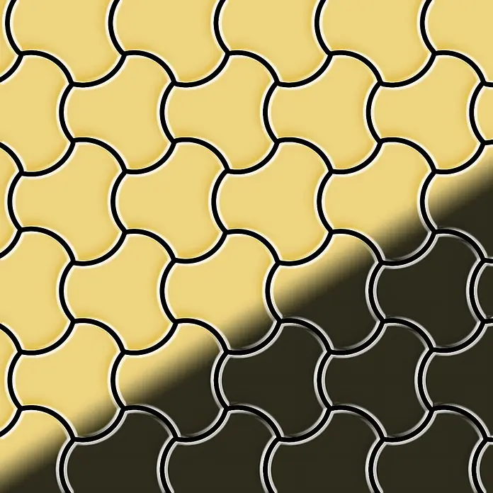 ALLOY Mosaikfliese Mosaik Fliese massiv Metall Messing gewalzt gold 1,6mm stark Ubiquity-BM - 270 x 325 mm, Gold, Sonstiges - Gelbe ineinandergreifende Pflastersteine mit gekrümmtem Muster, teilweise dunkel beschattet.