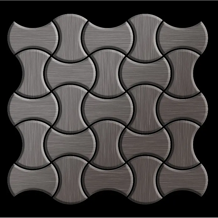 ALLOY Mosaikfliese Mosaik Fliese massiv Titan gebürstet dunkelgrau 1,6mm stark Infinit-Ti-SB - 322 x 322 mm, Schwarz, Grau, Sonstiges - Verzahnte graue Pflastersteine aus gebürstetem Metall in einem nahtlosen Muster angeordnet.