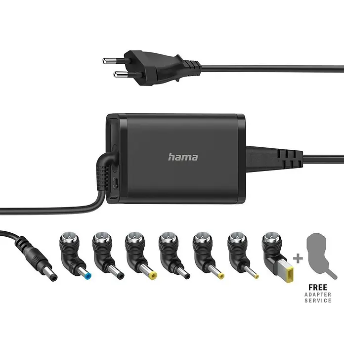 Hama Ladegerät 45 W 19 V 3 A Überstromschutz - Schwarz, L x B x H: 3,1 x 5,5 x 1,3 cm - Schwarzes Hama Laptop-Ladegerät mit Eurostecker und mehreren austauschbaren Spitzen.