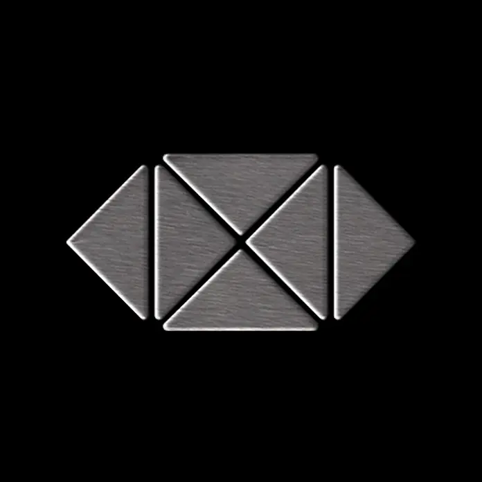 ALLOY Mosaikfliese Mosaik Fliese massiv Edelstahl gebürstet grau 1,6mm stark Deco-S-S-B - 303 x 303 mm, Grau, Silber, Sonstiges - Stilisiertes geometrisches Augenlogo, gebildet aus silbergrauen, gebürsteten Metall-Dreiecken.