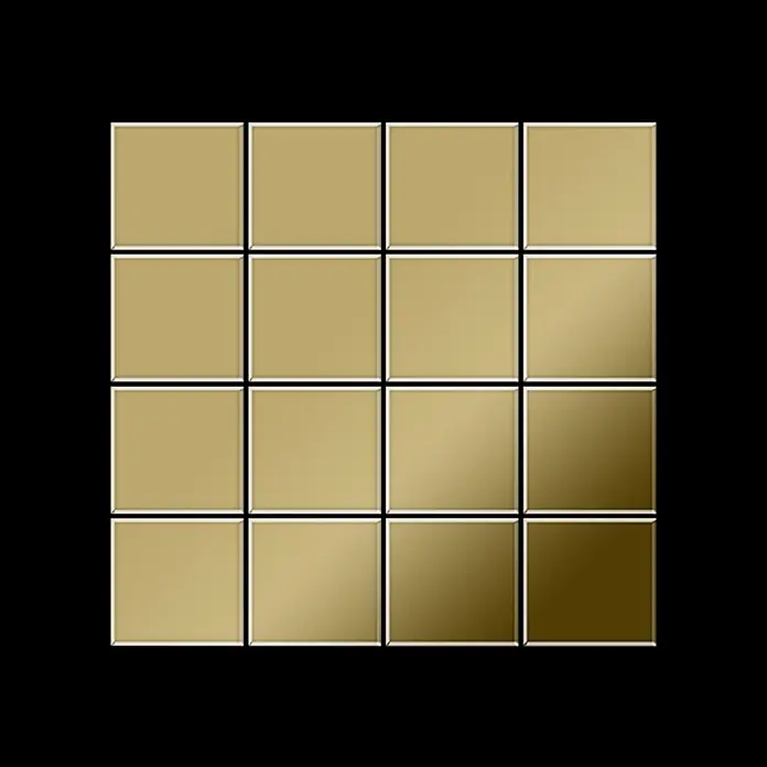 ALLOY Mosaikfliese Mosaik Fliese massiv Metall Titan hochglanz gold 1,6mm Cinquanta-Ti-GM - 306 x 306 mm, Gold, Hochglänzend - Metallische goldene quadratische Fliesen in einem 4x4-Gitter mit Farbverlauf.