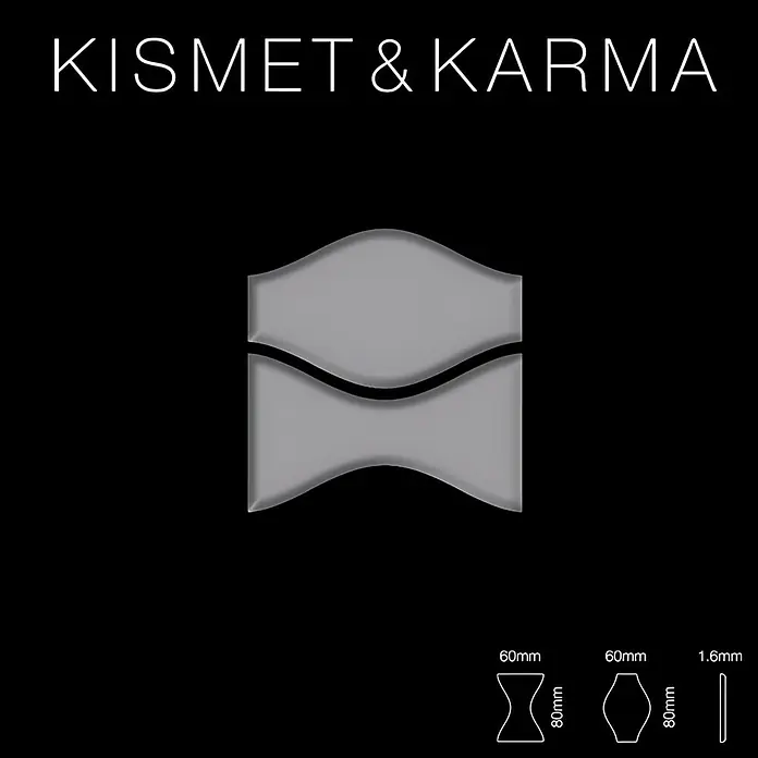 ALLOY Mosaikfliese Mosaik Fliese massiv Metall Edelstahl matt grau 1,6mm Kismet & Karma-S-S-MA - 299 x 299 mm, Grau, Silber, Matt - Graue modulare Fliese mit wellenförmiger Trennlinie und gebogenen Kanten. Gezeigt mit Sanduhr- und Sechseckprofilen, 60x80x1.6mm Maßen.