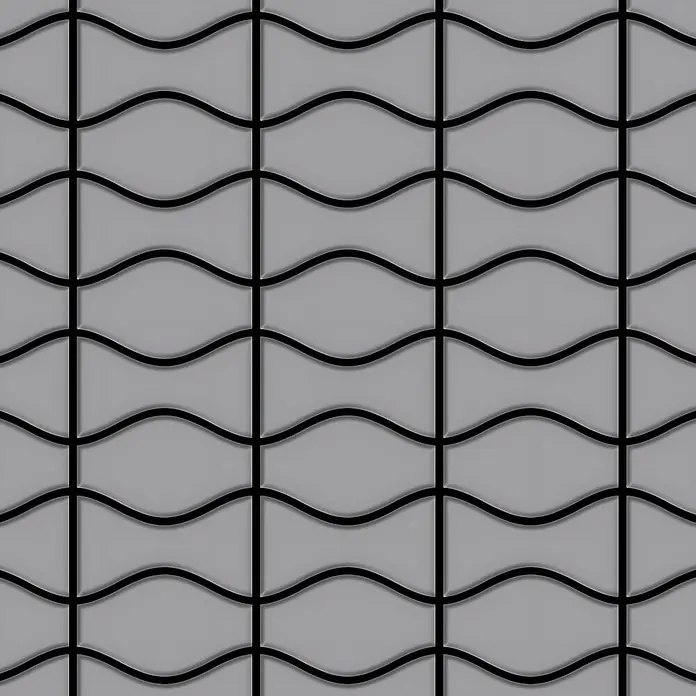 ALLOY Mosaikfliese Mosaik Fliese massiv Metall Edelstahl matt grau 1,6mm Kismet & Karma-S-S-MA - 299 x 299 mm, Grau, Silber, Matt - Graue Platte mit wiederkehrendem Muster aus schwarzen, wellenförmigen Gitterlinien, die verbundene Wellenformen bilden.