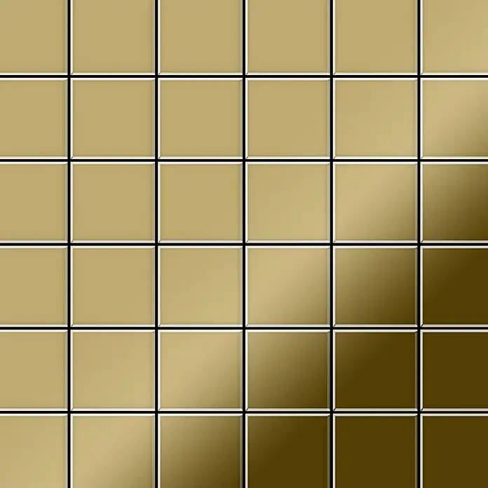 ALLOY Mosaikfliese Mosaik Fliese massiv Metall Titan hochglanz gold 1,6mm Cinquanta-Ti-GM - 306 x 306 mm, Gold, Hochglänzend - Glänzende quadratische Fliesen im Gold-Bronze-Farbverlauf, eine reflektierende Oberfläche bildend.