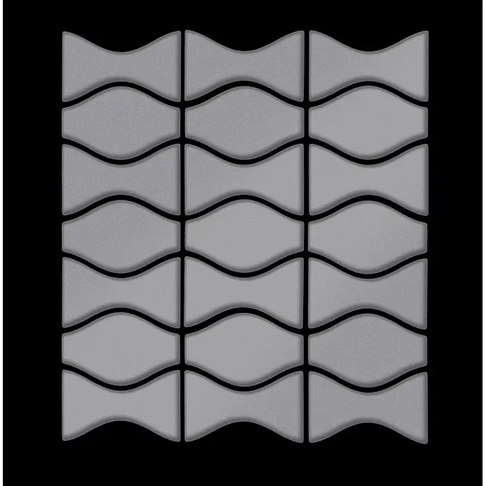 ALLOY Mosaikfliese Mosaik Fliese massiv Metall Edelstahl matt grau 1,6mm Kismet & Karma-S-S-MA - 299 x 299 mm, Grau, Silber, Matt - Hellgraue Wellenfliesen bilden ein Gittermuster mit schwarzen Linien.
