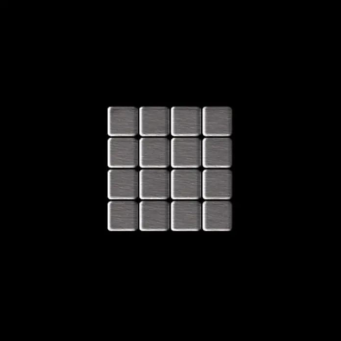 ALLOY Mosaikfliese Mosaik Fliese massiv Edelstahl gebürstet grau 1,6mm stark Glomesh-S-S-B - 316 x 316 mm, Grau, Silber, Sonstiges - Ein 4x4-Raster aus sechzehn gebürsteten Metallfliesen, mit metallisch-grauer Oberfläche und subtiler Textur.