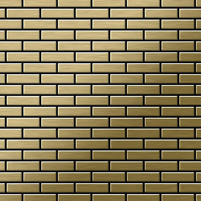 ALLOY Mosaikfliese Mosaik Fliese massiv Metall Titan gebürstet gold 1,6mm stark PK-Ti-GB - 309 x 302 mm, Gold, Sonstiges - Nahtloses Muster aus goldenen, gebürsteten Metallziegeln, die eine strukturierte Wand bilden.