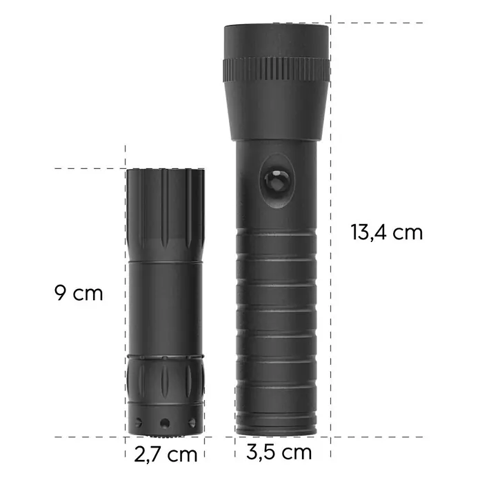 Hama Taschenlampe FL-DUO - Batteriebetrieben, Schwarz, 60 lm - Zwei schwarze Taschenlampen, eine kompakt (9 cm, Ø 2,7 cm) und eine größer (13,4 cm, Ø 3,5 cm), Maße angezeigt.