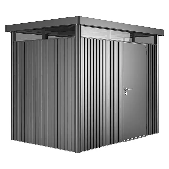 Biohort HighLine Gerätehaus H2 - Dunkelgrau Metallic, Einzeltür, Außenbreite inkl. Dachüberstand: 275 cm, Außentiefe inkl. Dachüberstand: 195 cm, Stahl - Diagonale Ansicht