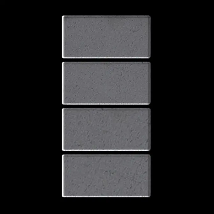 ALLOY Mosaikfliese Mosaik Fliese massiv Metall Rohstahl gewalzt grau 1,6mm stark Bauhaus-RS - 318 x 329 mm, Grau, Sonstiges - Vier graue, texturierte Rechteckbalken vertikal gestapelt, die eine Akkuladeanzeige ähneln.