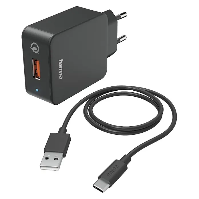 Hama USB-Kabel 00201625 mit Ladekabel USB-C 195 W 1,5 m - Schwarz - Schwarzes USB-A-Netzteil mit passendem USB-A-auf-USB-C-Kabel.