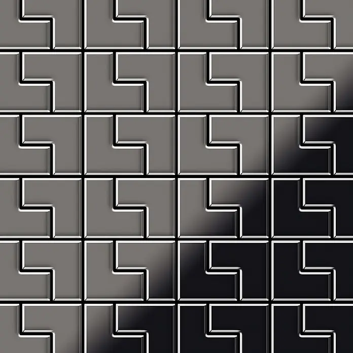 ALLOY Mosaikfliese Mosaik Fliese massiv Metall Titan hochglanz dunkelgrau 1,6mm Kink-Ti-SM - 307 x 304 mm, Schwarz, Grau, Hochglänzend - Glänzende L-förmige Geometriefliesen in einem Grau-Schwarz-Farbverlaufsmuster.