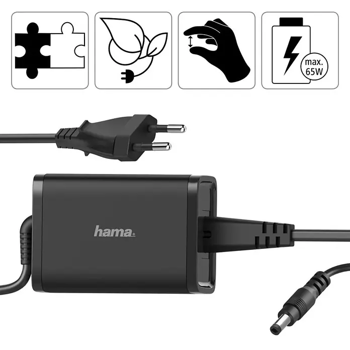 Hama Ladegerät 00200002 15-19V/65W - Schwarz, L x B x H: 3,1 x 5,5 x 1,2 cm - Schwarzes Hama Netzteil mit EU-Stecker und Hohlstecker. Icons zeigen 65W Leistung, kompakte Größe und Effizienz.