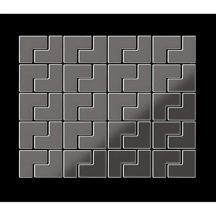 ALLOY Mosaikfliese Mosaik Fliese massiv Metall Titan hochglanz dunkelgrau 1,6mm Kink-Ti-SM - 307 x 304 mm, Schwarz, Grau, Hochglänzend - Raster aus dunkelgrauen, L-förmigen Puzzleteilen mit weißen Umrandungen, quadratisch angeordnet.