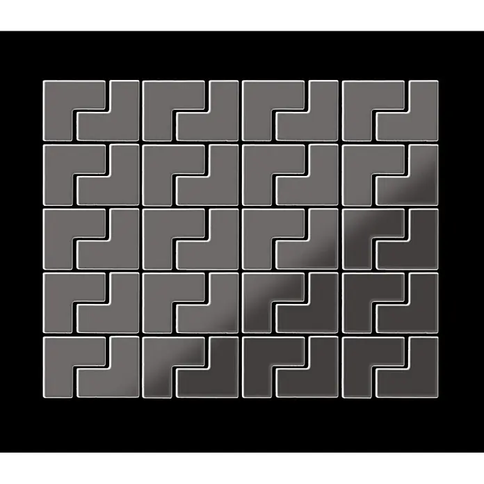 ALLOY Mosaikfliese Mosaik Fliese massiv Metall Titan hochglanz dunkelgrau 1,6mm Kink-Ti-SM - 307 x 304 mm, Schwarz, Grau, Hochglänzend - Ineinandergreifende dunkelgraue L-förmige Fliesen bilden ein durchgehendes geometrisches Muster.