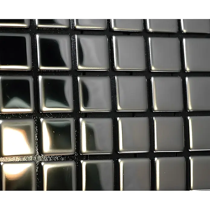 ALLOY Mosaikfliese Mosaik Fliese massiv Metall Edelstahl hochglanz grau 1,6mm Glomesh-S-S-M - 316 x 316 mm, Grau, Silber, Hochglänzend - Glänzende, metallische, quadratische Mosaikfliesen in Silber.