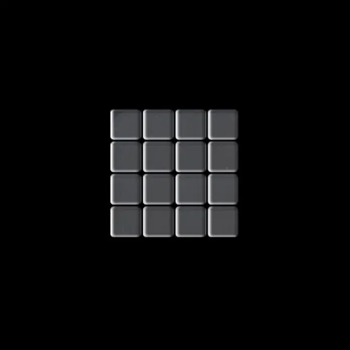 ALLOY Mosaikfliese Mosaik Fliese massiv Metall Edelstahl hochglanz grau 1,6mm Glomesh-S-S-M - 316 x 316 mm, Grau, Silber, Hochglänzend - 16 matte, graue quadratische Fliesen mit abgerundeten Kanten, in einem 4x4-Raster angeordnet.