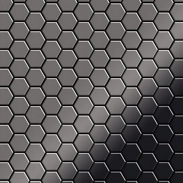 ALLOY Mosaikfliese Mosaik Fliese massiv Metall Titan hochglanz dunkelgrau 1,6mm Honey-Ti-SM - 329 x 332 mm, Schwarz, Grau, Hochglänzend - Glänzendes Sechseck-Fliesenmuster, Farbverlauf von Hellgrau zu Dunkelschwarz.